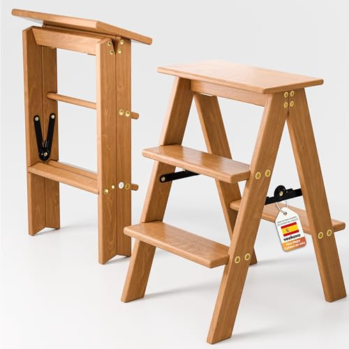 Escalera de 3 peldaños, Taburete Plegable de Madera, Silla Plegable, Antideslizante, portátil y Resistente para el hogar, la Cocina y la Oficina.(Madera EW1)