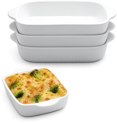 4 Pack White Rectangular Small Ceramic Baking Dishes with Handles, 23 cm | Oven safe to 500°F, microwave and dishwasher safe, lasagna pan for pasta, casseroles, desserts