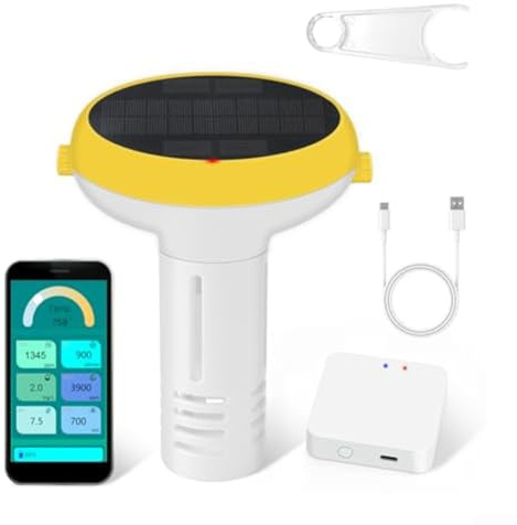 7-in-1 Smart Pool Wasserqualitätsmonitor für Tuya App, misst pH-Wert, Salzgehalt, ORP, Leitfähigkeit, Chlor & Temperatur, schwimmendes digitales Testgerät für Salzwasser- und(C)
