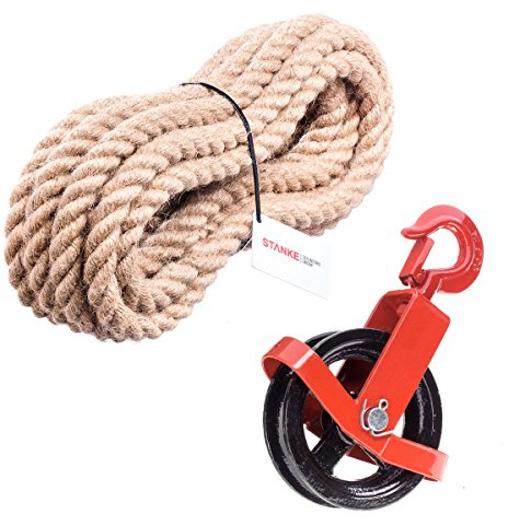 Seilwerk STANKE 125mm Umlenkrolle mit Haken + Juteseil 12mm 10 Meter Seilwinde Seilzug Seilrolle Windenrolle Flaschenzug Baurolle Bau Aufzug SET