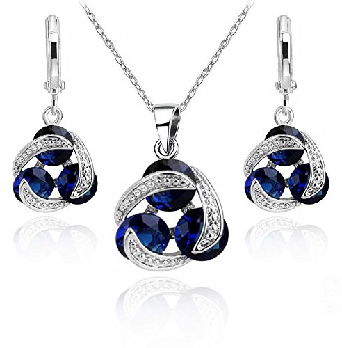 Crystalline Azuria Women 18ct White Gold Plated Round Blue Simulated Sapphire Zirconia Crystals Set Pendant Necklace 17.7 inches Earrings