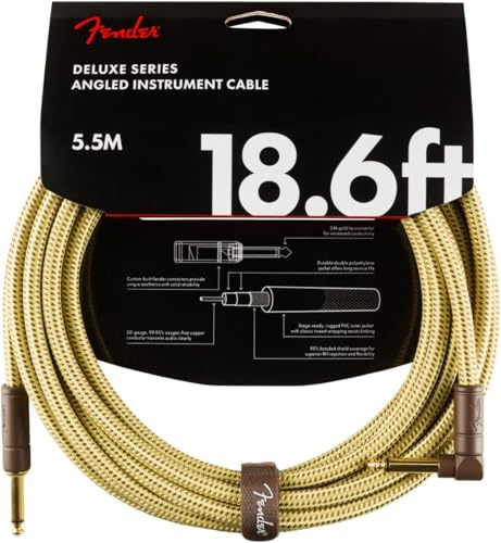 Fender Deluxe Instrumentenkabel Tweed 5,7m (18,6ft) gerade/abgewinkelt Gold | 99 % sauerstofffreies Kupfer, 24 Karat vergoldete 6,35-mm-Klinkenbuchsen, rauscharm, für Live-Auftritte, Studio