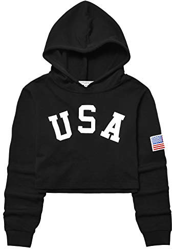 Barn flickor läder rutig långärmad magtröja huvtröja beskurna tröjor, USA-flagga svart, 12-13 år