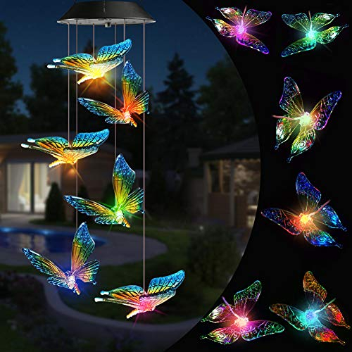 Qedertek Carillón de Viento para Exteriores, Luces Solares LED Móviles, Carillón de Viento, Cambio de Color, Lámpara Solar de Jardín, Lámpara Colgante para Arbol, Caminos, Fiesta, Decoración(Mariposa)