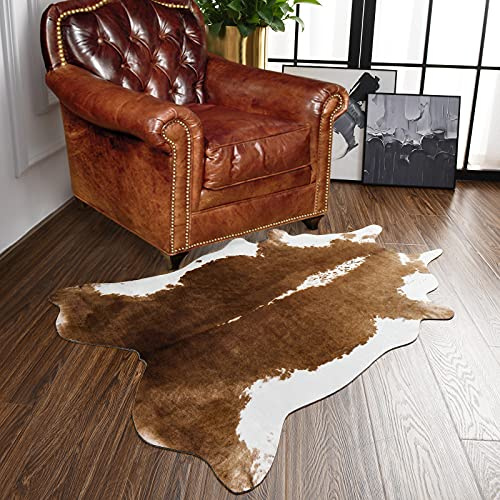 BENRON Small Cowhide Rug Accent Western Rug, 2.3x3.6ft Faux Animal Hide for Bedroom, Entryway, Kitchen, Hallway - Calf Hide Leather Carpet, Khaki Brown | Western cow hide rug for Home Decor, Washable Rugs with Irregular Animal Skins and Hides, Non Slip, Khaki Brown