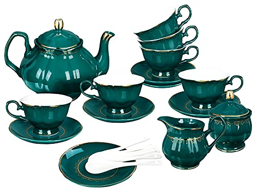 fanquare 21 Pezzi Servizio da Tè in Porcellana Vintage, Servizio da Caffè Verde Scuro per 6 Persone, con Teiera, Lattiera, Zuccheriera, Piattini e Cucchiai