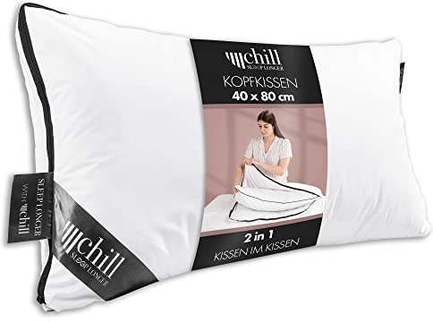 chill SLEEPLONGER Kopfkissen 40x80 cm - 2 in 1 Design - Schlafkissen Atmungsaktiv & Waschbar & 100% Vegan - 2 Kissen 3 Möglichkeiten - Pillow mit 300g & 600g Kissenfüllung