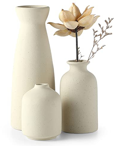 CEMABT Keramik Vasen 3er-Set Kleine Blumenvasen für Dekor, Moderne rustikale Bauernhaus Home Decor, Dekorative für Pampas Grass&getrocknete Blumen, Idee Regal,Tisch, Bücherregal,Mantel (Natur)