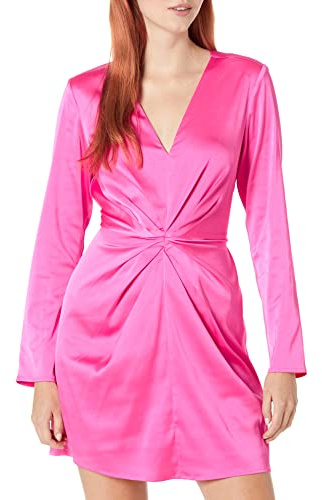 The Drop Minivestido para Mujer, Tate con Profundo Escote en Pico y Fruncido Delantero, Rosa Chillón, L