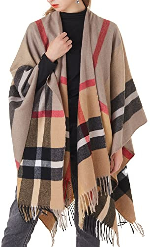 Damen Plaid Schal Wrap Winter Warm Cardigan Open Front Poncho Cape