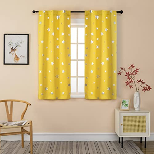 GIRASOLE HOME® Paar Verdunkelungsvorhänge weich gemustert, Sterne, weich, für Innenräume mit Tasche und versteckten Schlaufen 2 Paneele (Gelb, 70 x 145 cm)