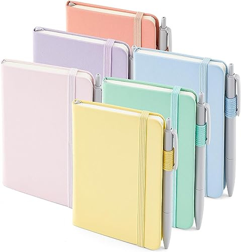 feela Notizbuch A6, 6 Stück Notizblock klein, bunte Journale Buch Bulk mit 6 Gelstiften schwarz, 112 Seiten, 80GSM, 9x14cm, Mini Notizbuch liniert geeignet für Büro, Schule, Notizheft mit PU Leder