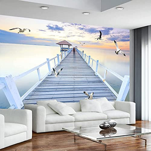 Coucher De Soleil Pont De Bois Paysage Marin Papier Peint Moderne En 3D Pour Chambre À Coucher Et Salon Papier Peint 3D Coller Et Peler Stickers Muraux Décor À La Maison Art Mural Auto-A 140x70 cm