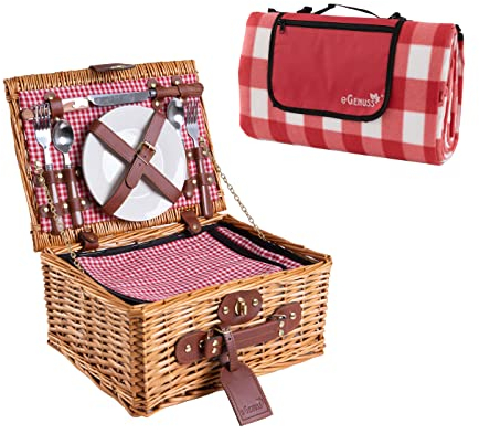 eGenuss Set 1 Handgefertigtes Picknickkorb für 2 Personen mit Kühlfach und Zubehör + 1 wasserdichte Picknickdecke | Rot