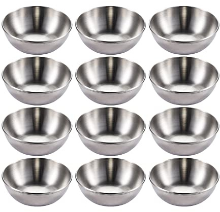 Hayuhone 12 Pack Stainless Steel Sauce Dishes, Silver Mini Saucers Bowl Round Seasoning Dishes Sushi Dipping Bowl Appetizer Plates, 8cm