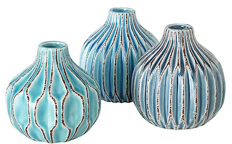 ReWu Vase 3er Set Keramik Shabby Chic Blau, Hellblau und Türkis | Blumenvase, Tischdekoration für Blumen und Trockenblumen, Dekoratives Design