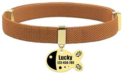 SARUEL Personalisiertes Süßes Naneplate-Katzenhalsband,Glocke,Individuell Graviert,Verschiebbares Fisch-Namensschild,Katzenhalsband Für Kätzchen,Katzenhalsband,Silberbraun,XS