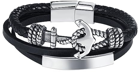Feilok Ancor Bracciale intrecciato in pelle per gli uomini Magnetico in acciaio inossidabile Chiusura nera