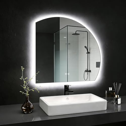 JSLJDM Specchio Bagno con Luce Semicircolare, Specchio Bagno Retroilluminato con Anti-Appannamento, Temperatura Colore Regolabile 3000K-6500K, Vetro Temperato HD Specchio Bagno LED