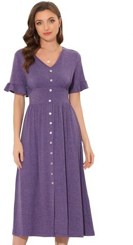 Allegra K Women's Summer Casual Dresses V Neck Button Flutter Sleeve Smocked High Waist Midi Dress Purple XL