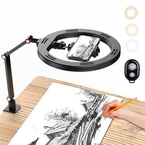 APEXEL 10 Ring Light avec Trépied et Support de Téléphone, USB Ring Light pour Bureau avec Support de Bras de Bureau Réglable pour Le Photographie, Streaming en Direct, Youtube, TikTok