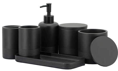 ZCCZ Black Bathroom Accessory Set 6 Pieces - Organiser With Toothbrush Holder, Lotion Soap Dispenser, Vanity Tray and 2 Qtip Holders - Modern Decor Accessories