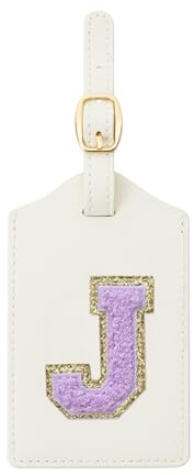 Embroidered Luggage Tag – Initial Bag Tag for Suitcase, Backpack, Carry-On, Duffel – Faux Leather Travel Accessory, Name Identifier, ID Label for Travel Bags (J, White Leather+Purple Letter)