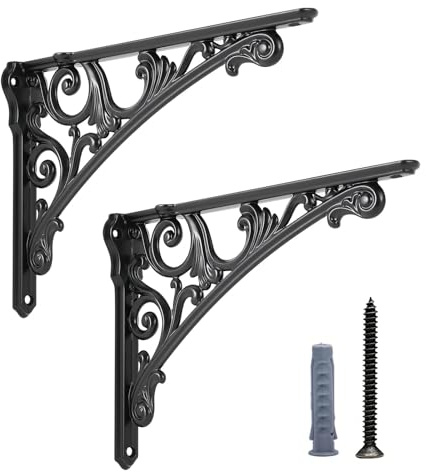 HARPOON Regalhalterungen mit aus Gusseisen, robuste Wandhalterung, Barock, Küche, dekoratives Regal, 25 x 17 cm, 2 Stück, Schwarzes