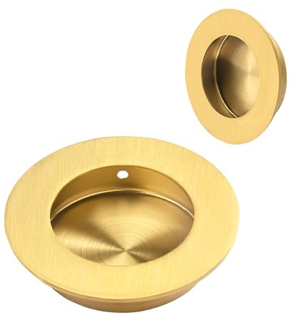 HOMOTEK 2 Pack Round Sliding Closet Door Handles Diameter 2-1/2 in(65mm) Brushed Gold Flush Pocket Pulls Recessed Bypass Door Handles, Stainless Steel Barn Door Finger Pull Set