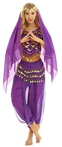 YOOJIA Mujer Traje de Danza del Vientre 4Pcs Crop Top/Pantalones Largos/Tocado/Bufunda Traje Baile Oriental Conjunto de Baile India Disfraz Fiesta Talla Única Morado Talla única