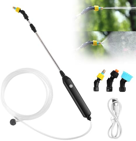 Elektrisk spruta, trädgårdsspruta, 62 cm bärbar uppladdningsbar spruta, USB trädgårdsspruta med 3 justerbara munstycken och 5 m slang, för gräsmatta bevattning