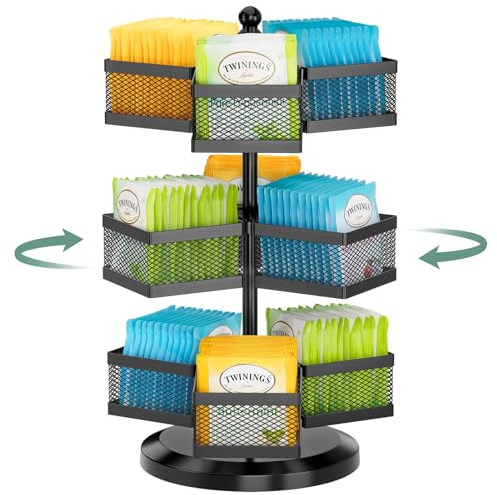 EsLuker.ly Metall Teebeutel Organizer, 3-stufig Drehbar Teebeutelhalter Teeboxen für Teebeutel Aufbewahrung Teeregal, Stehend Tea Bag Storage Ständer Teebox Groß mit 9 Fächern für Küche