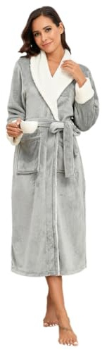 RONGTAI Bata de baño de forro polar de felpa para mujer, bata larga con dos bolsillos laterales y cinturón, cálido y acogedor camisón de dormir esponjoso, Gris, S