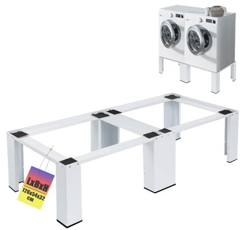 Stabiler Doppel Untergestell für Waschmaschine und Trockner | 2-Fach | 2x 150kg | Doppel Sockel Podest Unterbau Erhöhung Gestell aus Stahl, 32cm Hohe, Rutschfesten Pads, Weiß