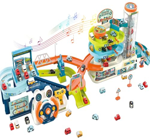 fisca 2-in-1-Rennwagen-Spielset für Kinder, Spielzeugauto-Rampenbahn und Hebeparkplatz, Dual-Modus Kleinkind-Auto-Track-Spielzeug-Spielset mit 6 Autos, Automatischer Drehaufzug, Lenkrad Musik Fahren