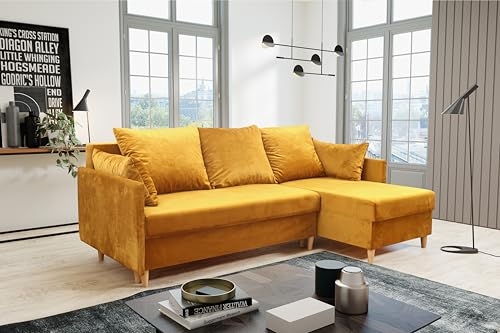 KIER FURNITURE Ecksofa mit Schlaffunktion Kendi - 210 cm Lang - L-Form-Sofa als 3-Sitzer – Wohnzimmer-Couch mit Bettkasten und Armlehnen - Große Liegefläche 140 x 200 cm - Samt Gelb