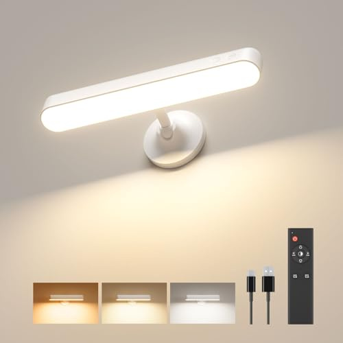 PopoIron Wandleuchte mit 7500 mAh wiederaufladbarem Akku, LED-Wandleuchte für Schlafzimmer mit Fernbedienung, 3 Farben, kabellose Wandlampe, 360° drehbar, dimmbar, Helligkeit mit 15 RGB-Farben, Weiß,