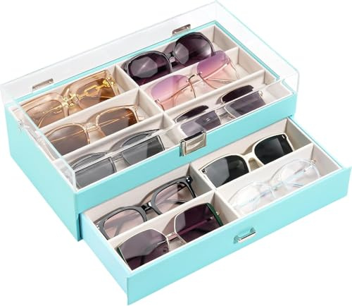 ProCase 2 Etagen Brillenbox 12 Slots Sonnenbrillen Displaybox Aufbewahrungsbox aus Leder Sunglasses Eyeglasses Organizer Brillenschatulle Brillenkoffer mit Glasdeckel