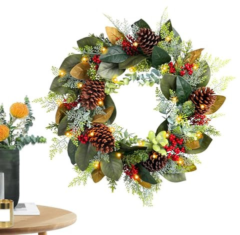 HunicandIU Weihnachtstürkranz beleuchtet, Weihnachtskranz mit Lichtern | Rustikale Tannenzapfen-Herbstgirlande | Weihnachtskranz mit Tannenzapfen, roten Beeren, beleuchteter Weihnachtskranz für