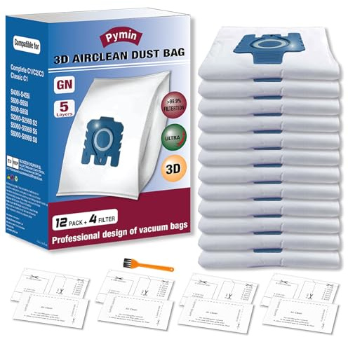 Pymin 12 Pack GN Vacuum Dust Bags Replacements for Miele Hoover Bags Classic C1, Complete C2 C3, S227 S240, S270, S400, S400i, S600, S2, S5, S8 Series Vacuum Cleaner | 3D design,higher capacity also fits Complete C2, C3,S227 S240, S270, S400,S600,S400i,S800,S2, S5, S8 Series with 4 Filters