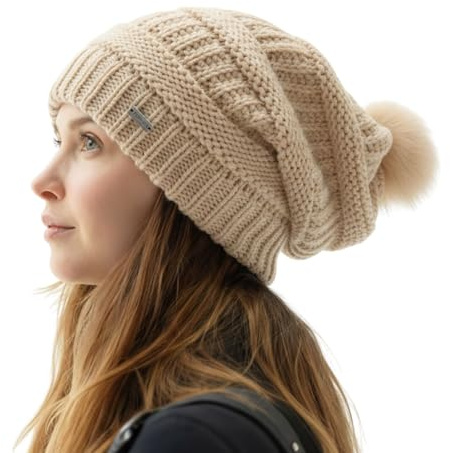 TOP-EX 100 % ullmössa för kvinnor – varm vinter stickad mössa med chicem-tofs, satinfoder eller fleece fodrad, beige_satinfoder, one size