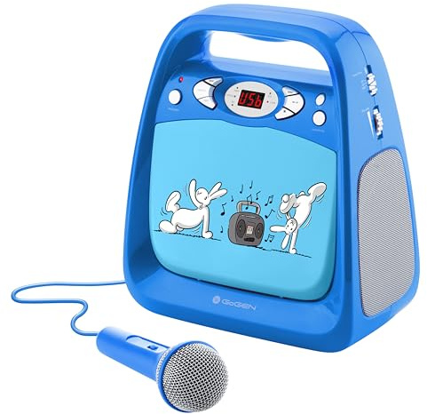 GOGEN Kinderkaraoke und CD Player I USB I MP3 I Mikrofon inklusive I Kopfhörerausgang I tragbar I Batterie oder Netzteil I Bluetooth I Hergestellt für Kinder I Blau