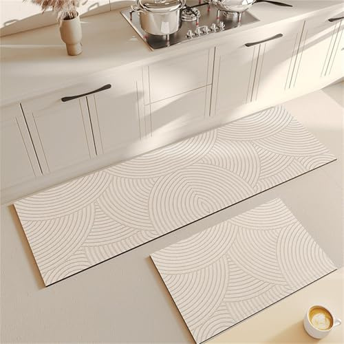 Highdi Küchenläufer, Modernes Design Saugfähig Läufer aus Diatomeenerde, Küchenteppich Waschbar Rutschfest, für Küche, Flur (60x150 cm, Weiß)
