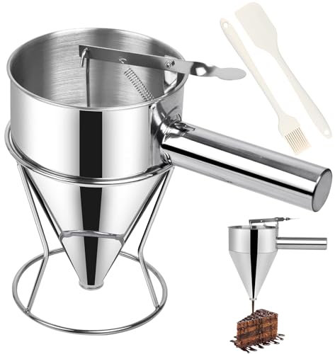 xlwens Edelstahl Teig Spender,1.5L,mit Ständer,Pfannkuchen Teigspender Edelstahl,Edelstahl-Pfannkuchen-Teigspender,Kolbentrichter,Mit Ölbürste und Schaber, für Home Kitchen Bäckerei