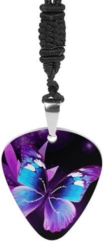 KLWQR Blau Lila Schmetterling Gitarre Plektrum Halskette Edelstahl Gitarre Plektrum Halter Halskette Gitarre Anhänger Dekoration für Frauen Männer Musikliebhaber Geschenk, Einheitsgröße, Titanstahl,