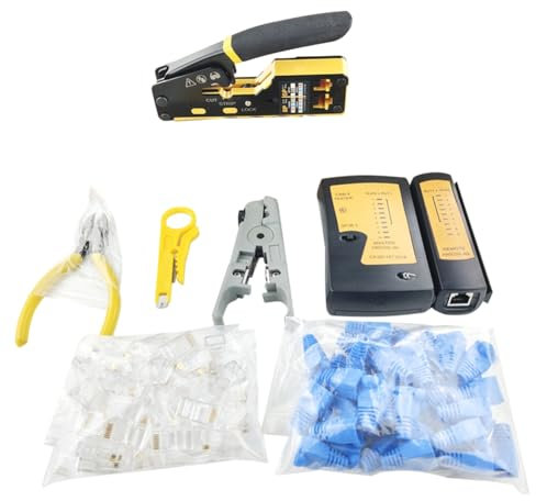 Blmirror RJ45 Crimp Tool Kit with Cable Tester, Wire Cutter, Blades 50 Cat 6 Connectors and Strain Relief Boots