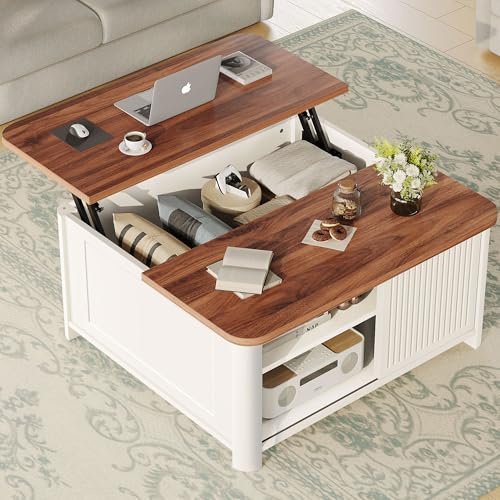 Decofy Couchtisch, Höhenverstellbar Wohnzimmertisch mit Versteckter Stauraum, Verstellbare Offenes Fach und Schiebetür, Modern Kaffeetisch Beistelltische für Wohnzimmer, Büro