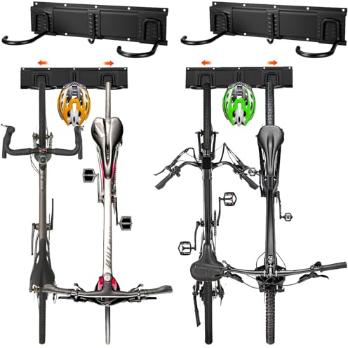 Soporte de Pared para 4 Bicicletas + 2 Cascos, MTB y Carretera | Ahorra espacio y mantiene el garaje ordenado; ganchos resistentes para colgar equipos de forma práctica, segura y accesible.