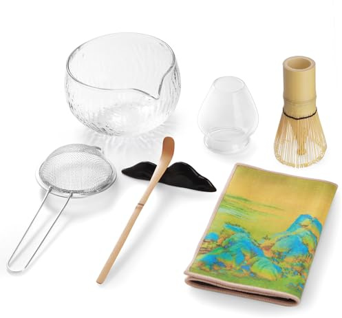 Mycketop Premium Matcha Set 7-tlg. Bambus Chasen, Teelöffel, Glas Ausguss Schale, 2 Ständer, Teesieb, Teetuch, Komplett Zubehör für Japanische Teezeremonie, Geschenk, transparentem Glas