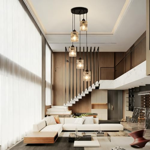 xychfantligh Lange Kristall-Kronleuchter für Hohe Decken, Moderne 5-Kopf-Schwarze Spirale Hängeleuchte, LED-Deckenaufbau-Kronleuchter für Treppenhaus, Empfangsbereich & Wohnzimmer